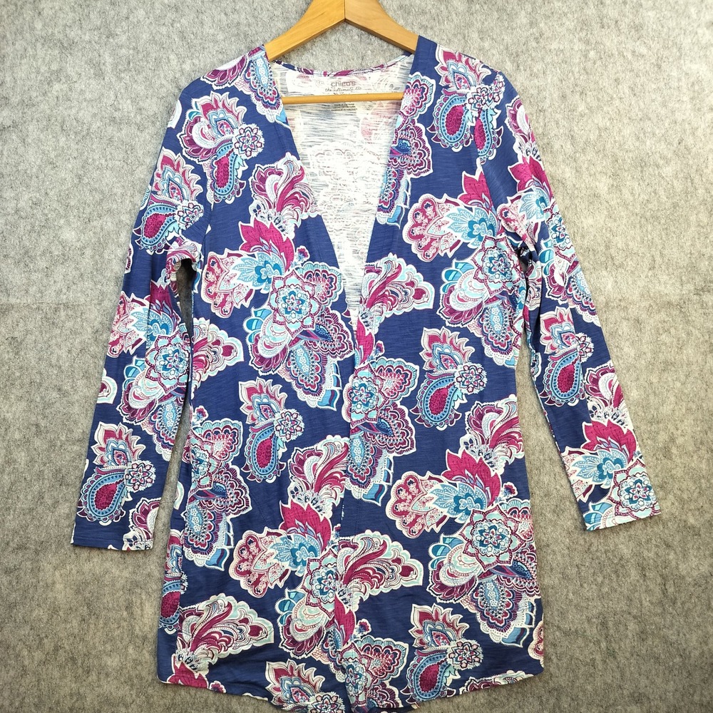 Chico's Ultimate Tee Cardigan Womens Size 1‎ / M Paisley Floral Boho Open Front